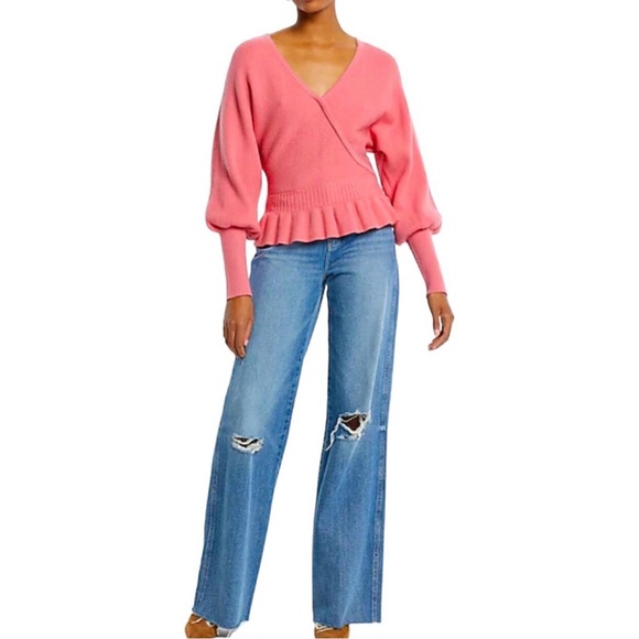 Express Ribbed V-Neck Wrap Peplum Sweater - Picture 5 of 8